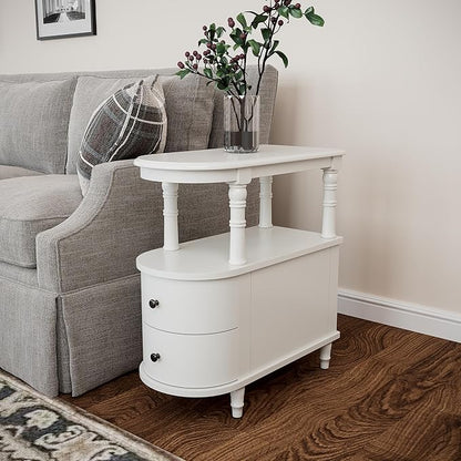 2 Set of Wood End Table with 2 Drawers and Storage Shelf, Narrow Sofa Side Table for Living Room, Vintage Slim Nightstand Bedside Table for Bedroom, Slim Chair Side Table White BGA508WT
