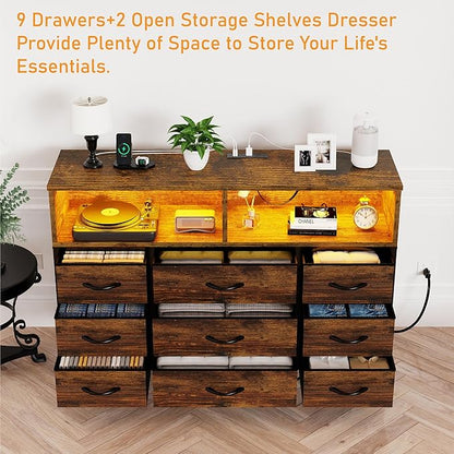 Dresser for Bedroom, Led Dresser TV Stand with Power Outlets and LED Lights, Long Fabric Dressers Wide Chest of Drawers with Large Organizer for Living Room, Entryway, Hallway,Rustic Brown