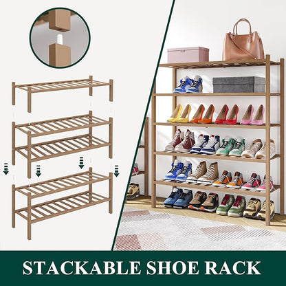 Smiry Shoe Rack, 5 Tier Thick Bamboo Shoe Organizer, Stackable Free Standing Wooden Shoe Storage Shelf for Closet, Entryway, Front Door Entrance, Walnut