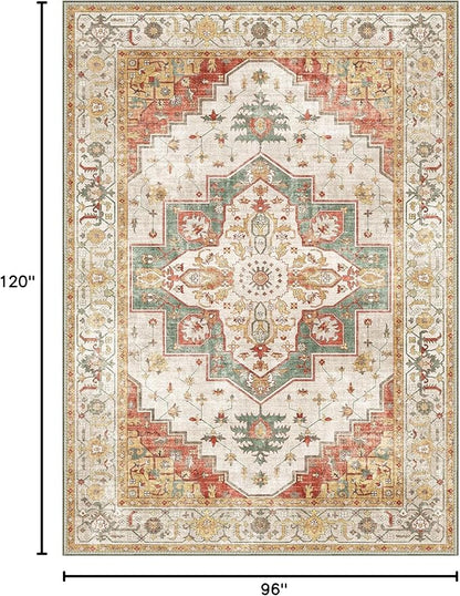 8X10 Area Rugs Machine Washable Rugs for Living Room, Vintage Boho Large Rugs for Bedroom Dining Room, Non Slip Indoor Soft Distressed Lightweight Thin Low Pile Carpet, Yellow Slate Green