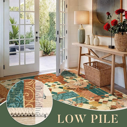 GENIMO 5X7 Floral Area Rugs for Living Room, Machine Washable Non Slip Vintage Patchwork Washable Rug, Ultra-Thin Low Pile Chenille Rugs for Bedroom, Dining Room, Rose Red