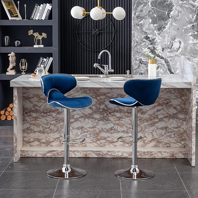 Roundhill Furniture Masaccio Velvet Upholstered Adjustable Swivel Barstool, Set of 2, Blue