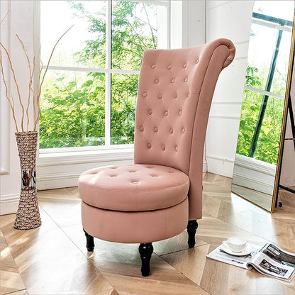 Container Furniture Direct Royal High-Back Velvet Accent Chair for Vanity with Storage and Luxurious Upholstery, Retro Design and Versatile Usage for Living Room, Bedroom, Lounge and Office, Rose