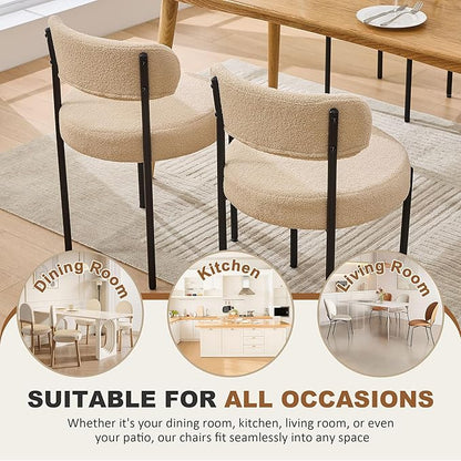 Boucle Dining Chairs, Kitchen Dining Room Chairs Curved Backrest Upholstered Mid Century Modern Dining Chairs (Beige, 2pcs)