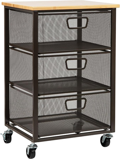 Mind Reader 3-Drawer Rolling Storage Cart, Office Organizer with Wood Top, Multipurpose Portable Cabinet with Wheels, Metal Mesh, Black