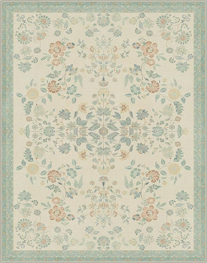 GENIMO 8x10 Area Rugs for Living Room, Machine Washable Non Slip Vintage Rugs, Low Pile Lightweight Chenille Print Rug for Bedroom, Dining Room, Home Office, Beige/Green
