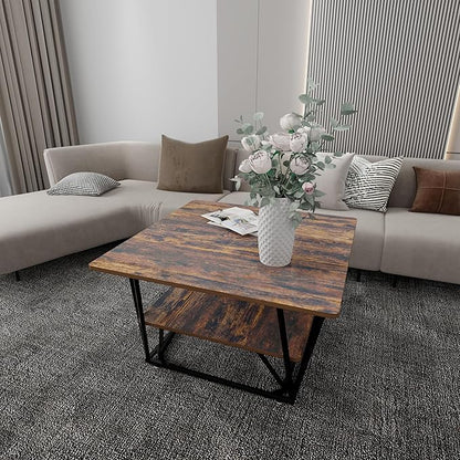 Elephance Square Coffee Table for Living Room, Modern 31.5" Two-Tier Caramel Brown Table with Wooden Top-Almond and Black Frame