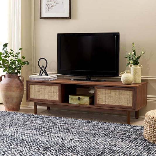 SAFAVIEH Aino TV Stand for up to 60" Flatscreen – Walnut Brown, 2 Sliding Doors with Interior Storage, 1 Open Shelf, Entertainment Media Console (MED9619A)