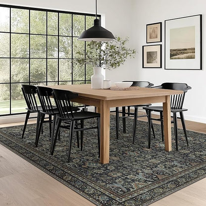 9X12 Area Rugs Machine Washable Rugs for Living Room, Vintage Boho Large Rugs for Bedroom Dining Room, Non Slip Indoor Soft Distressed Lightweight Thin Low Pile Carpet, Black
