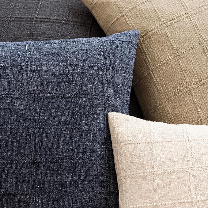 Foindtower Set of 2 Decorative Linen Check Throw Pillow Covers Neutral Farmhouse Vintage Cushion Covers Modern Boho Home Decor for Sofa Chair Couch Bedroom Living Room Outdoor,18×18 Inch,Navy Blue