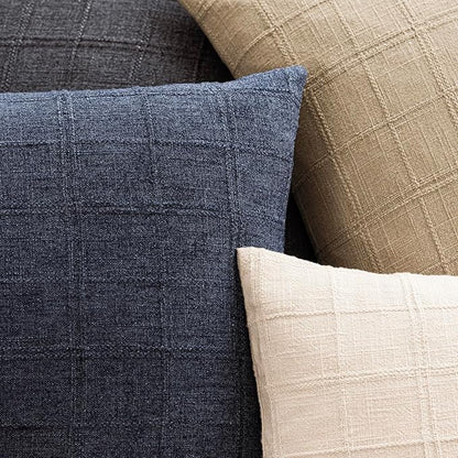 Foindtower Set of 2 Decorative Linen Check Throw Pillow Covers Neutral Farmhouse Lumbar Cushion Covers Modern Boho Home Decor for Sofa Chair Couch Bedroom Living Room Outdoor,12×20 Inch,Navy Blue