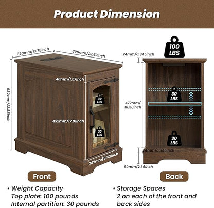 Narrow End Table with Storage, Farmhouse Side Table with Power Outlets & USB Ports, Small Night Stand for Living Room, for Bedroom, Living Room(Glass Door, Walnut)