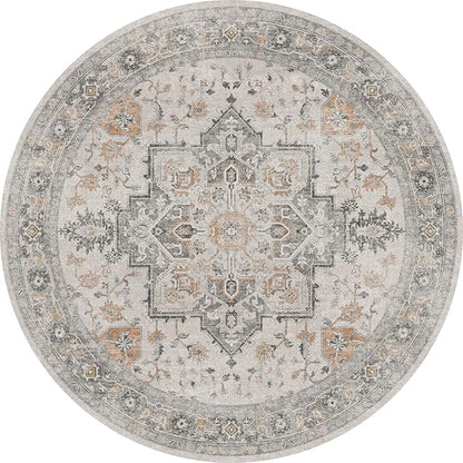 GENIMO 5FT Round Area Rugs for Living Room, Circle Rugs Machine Washable Low Pile, Chenille Non Slip Vintage Rug for Bedroom, Dining Room, Home Office, Light Taupe Brown