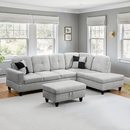 NicBex Sectional Couch 3 Pieces Sofa Set with Left Chaise Flannel L Shaped Cloud Couch for Living Room Furniture Sets with Storage Ottoman, Modular Sofa for Living Room & Apartment, Light Gray