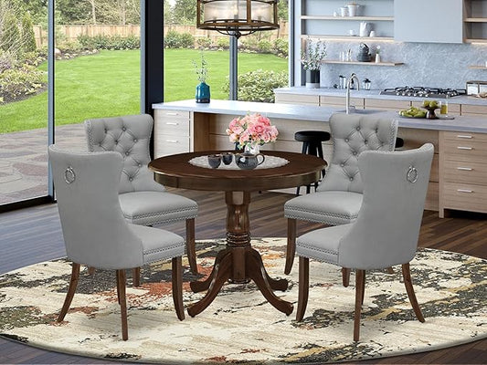 East West Furniture ANDA5-AWA-27 5 Piece Kitchen Table & Chairs Set Includes a Round Dining Table with Pedestal and 4 Polyester Fabric Upholstered Chairs, 36x36 Inch, Antique Walnut