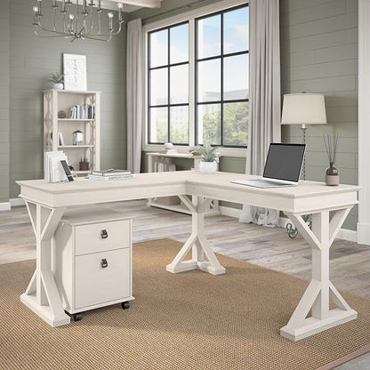Bush Furniture Homestead 4 Shelf Farmhouse Bookcase in Linen White Oak, Vertical Office Organizer, Home Shelving Unit for Books and Decor, Bookshelf