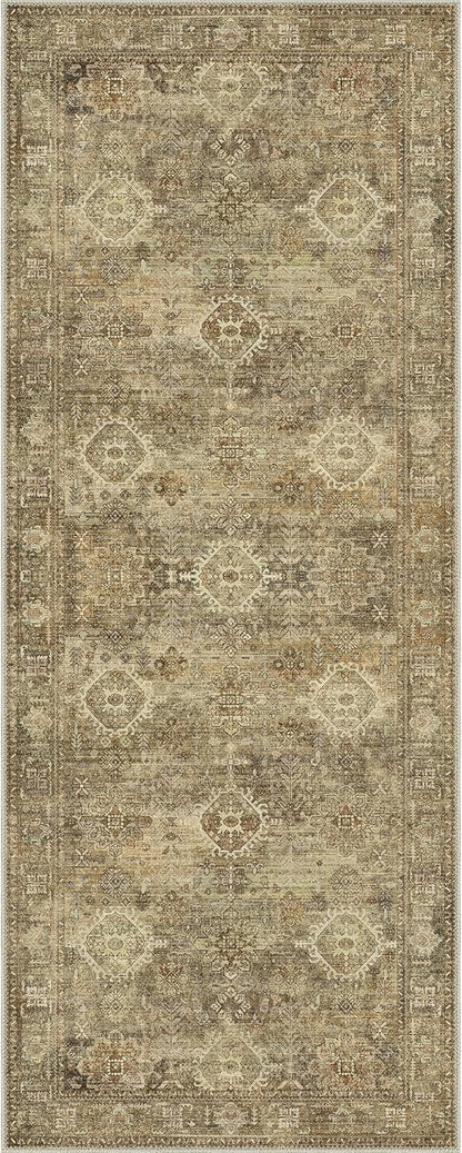 GENIMO 2X5 Hallway Runner Rug, Machine Washable Non Slip Vintage Floral Patchwork Runners, Thin Low Pile Chenille Carpet Runners for Entryway, Kitchen, Bathroom, Bedroom, Straw