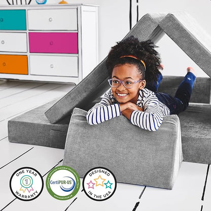 Yourigami Kids and Toddler Play Couch, Convertible Folding Sofa, Durable Foam Modular Design, Mountain Gray