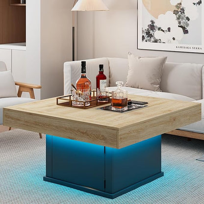 LED Coffee Tables for Living Room, Farmhouse Wood Coffee Table, 33.5" Square Coffee Table with Storage, Large Vintage Brown Center Table, Living Room Tables Cocktail Table (Natural)