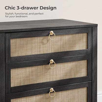 SICOTAS Nightstand Set 2 with Drawers - Large Rattan Bedside Table with Golden Handle, 3 Drawers Night Stand 26.78" Wide Side Table Boho Nightstand for Bedroom