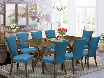 East West Furniture X777VE721-9 9 Piece Dining Set Includes a Rectangle Dining Room Table with X-Legs and 8 Blue Color Linen Fabric Upholstered Chairs, 40x72 Inch, Multi-Color