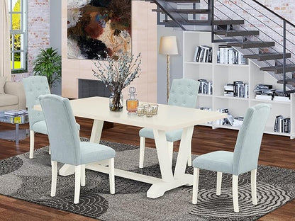 East West Furniture V027CE215-5 5 Piece Dining Room Furniture Set Includes a Rectangle Dining Table with V-Legs and 4 Baby Blue Linen Fabric Upholstered Chairs, 40x72 Inch, Multi-Color