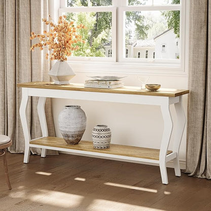 LITTLE TREE 70.9 Inches Long Console Table, 2-Tier Vintage Wooden Sofa Table Behind The Couch with Metal Legs for Hallway, Entryway, Living Room, White & Light Oak