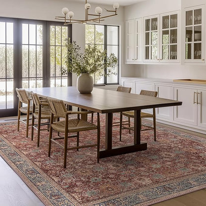 10X12 Area Rugs Machine Washable Rugs for Living Room, Vintage Boho Large Rugs for Bedroom Dining Room, Non Slip Indoor Soft Distressed Lightweight Thin Low Pile Carpet, Red Brown