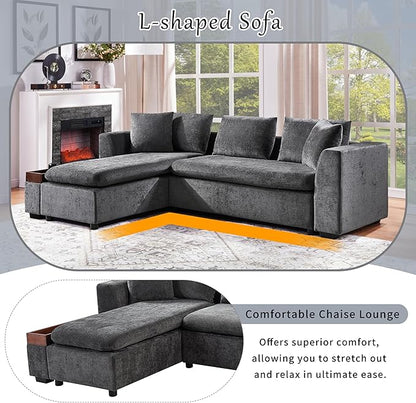 Merax 93.7" L-Shaped Sectional Sofa with Wooden Storage Compartment, Chenille Upholstered Deep Seating Sleeper Couch & Chaise Lounge and Throw Pillows for Living Room, Gray