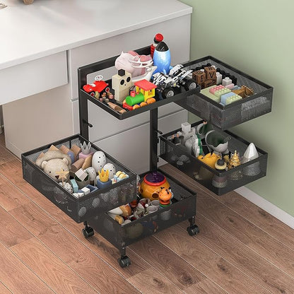 Bathroom Rotating Storage Cart No Assembly Required 4-Tier Metal Sturdy Fruit Basket for Kitchen, Rolling Vegetable Storage Rack,Bathroom Shelf,Storage Drawer Cart (Black, 4 Tier-Square)