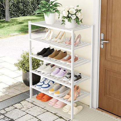 Smiry Shoe Rack, 5 Tier Thick Bamboo Shoe Organizer, Stackable Free Standing Wooden Shoe Storage Shelf for Closet, Entryway, Front Door Entrance, White