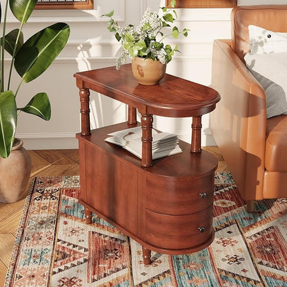 Wood End Table with 2 Drawers and Storage Shelf, Narrow Sofa Side Table for Living Room, Vintage Slim Nightstand Bedside Table for Bedroom, Slim Chair Side Table Cherry Brown BG-A508-MG