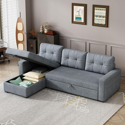Ball & Cast L-Shape Reversible Sectional Sleeper Sofa Bed,Linen Upholstered 4 in 1 Pull Out Couch with Storage Chaise & Removable Back Cushions,Convertible Corner Sectionals for Living Room,Office