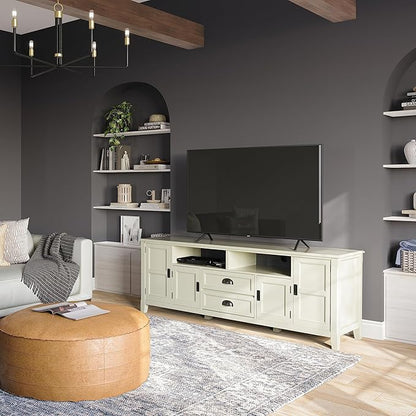 SIMPLIHOME Burlington SOLID WOOD 72 Inch Wide Transitional TV Media Stand in Antique White for TVs up to 80 Inches, For the Living Room and Entertainment Center