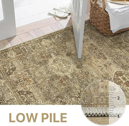 GENIMO 8X10 Area Rugs for Living Room, Machine Washable Non Slip Vintage Floral Patchwork Rug, Thin Low Pile Chenille Carpet Rugs for Bedroom, Dining Room, Straw