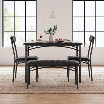 Garvee Dining Table Set for 4, Kitchen Table with Upholstered Bench and 2 Chairs, 4-Piece Wooden Dining Table Set for Apartment, Dining Room, Small Space, Black