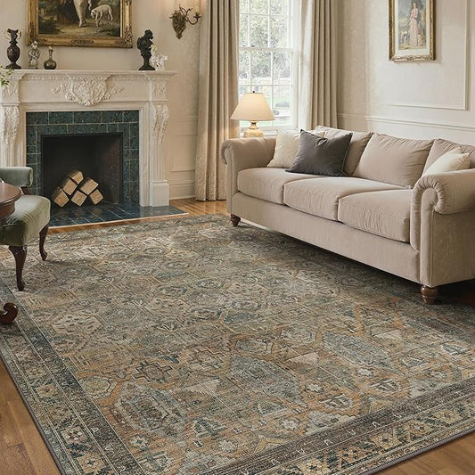 GENIMO 8x10 Area Rugs for Living Room, Machine Washable Non Slip Vintage Rugs, Low Pile Lightweight Chenille Print Rug for Bedroom, Dining Room, Home Office, Warm Taupe