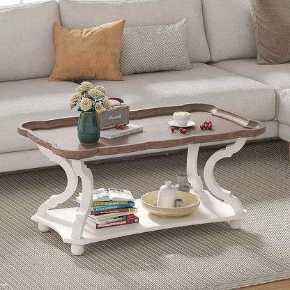 Function Home Farmhouse Coffee Table, Rustic White Cocktail Table with Storage Shelf, Sofa Table with Natural Tray Top and Carved Legs for Living Room Furniture Dining Room, Vintage White