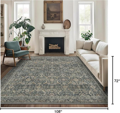 6X9 Area Rugs Machine Washable Rugs for Living Room, Vintage Boho Large Rugs for Bedroom Dining Room, Non Slip Indoor Soft Distressed Lightweight Thin Low Pile Carpet, Deep
