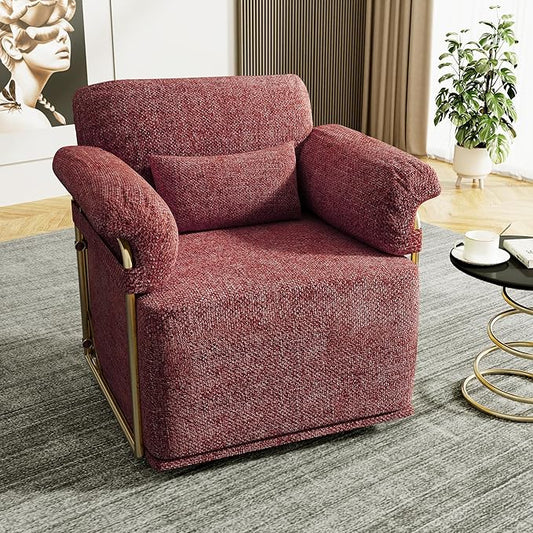 KEIKI Modern Comfy Swivel Accent Reading Chair with Waist Pillows, 360°Square Upholstered Barrel Armchair Single Club Lounge Sofa Chairs for Living Room,Bedroom,Office,DarkRed