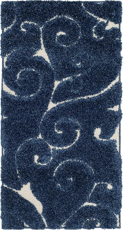 SAFAVIEH Florida Shag Collection Accent Rug - 2'3" x 4', Dark Blue & Cream, Scroll, Non-Shedding & Easy Care, 1.2-inch Thick Ideal for High Traffic Areas in Entryway, Living Room, Bedroom (SG455-6511)