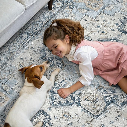 GENIMO Runner Rug 2x6, Machine Washable Runners, Non Slip Vintage Hallway Runner Rugs, Low Pile Lightweight Mat for Entryway, Hallway, Kitchen and Corridor, Blue