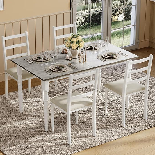 DWVO 5-Piece Dining Table Set for 4, Kitchen Dining Room Table with Upholstered Chairs, Faux Leather Cushions, Modern Rectangular Dinner Table Set for Small Spaces & Apartment, White Grey