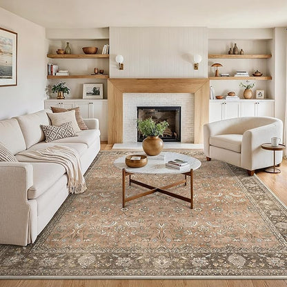10X12 Area Rugs Machine Washable Rugs for Living Room, Vintage Boho Large Rugs for Bedroom Dining Room, Non Slip Indoor Soft Distressed Lightweight Thin Low Pile Carpet, Chestnut