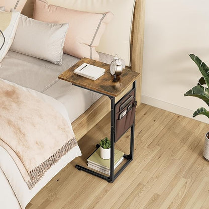Vagusicc C Shaped End Table, Small Side Table for Couch, Tall Couch Side Table C Table for Small Space, TV Tray Slide Under Sofa Snack Table with Metal Frame for Living Room, Bedroom, Bedside, Brown