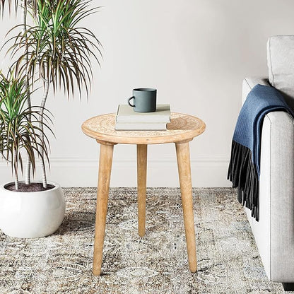 Wooden Table with 3 Legs Pillar, Carving End Tables, Round Coffee Tables, Entryway Table, Coffee Table for Livingroom, Books and Plants - 18"x22" - White Wash