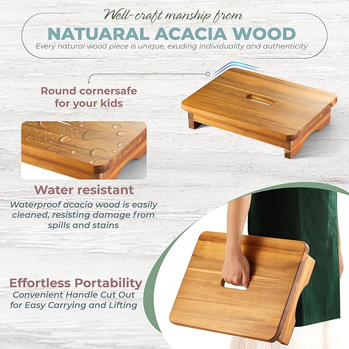 Wooden Step Stool, 3.5'' One Step Stool for Adults, Wooden Bedside Step with 550 Lbs Load Capacity, Heavy Duty/Portable/Nonslip/Durable Construction for Bedroom/Kitchen
