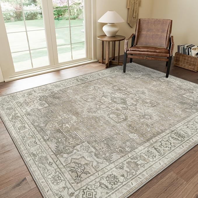 GENIMO 8x10 Area Rugs for Living Room, Machine Washable Non Slip Vintage Rugs, Low Pile Lightweight Chenille Print Rug for Bedroom, Dining Room, Home Office, Trench