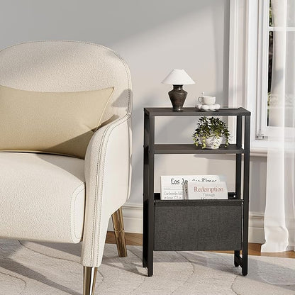 Narrow Side Table, Slim End Table with Magazine Rack, Bedside Table for Small Spaces, 3 Tier Sofa Couch Table Nightstand for Living Room, Bedroom Black LET503B
