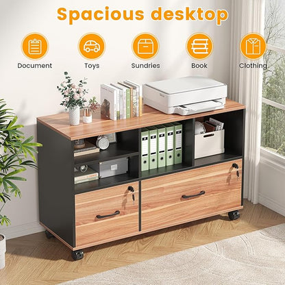 2 Drawer Wood Mobile Large Lateral File Cabinet with Lock, Lockable Rolling Filing Cabinet with Storage Shelves, Printer Stand Office Storage Cabinet for Home Office Fits Files Legal/A4
